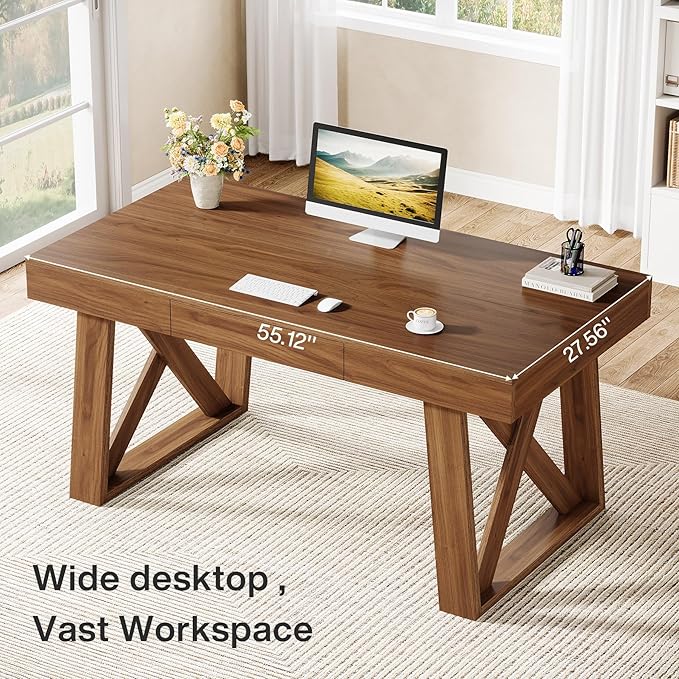 Tribesigns 55 Wide Desktop Executive Desk with Drawer Retro Brown Computer Office Desk Modern Wood Business Workstation Table for Home Office