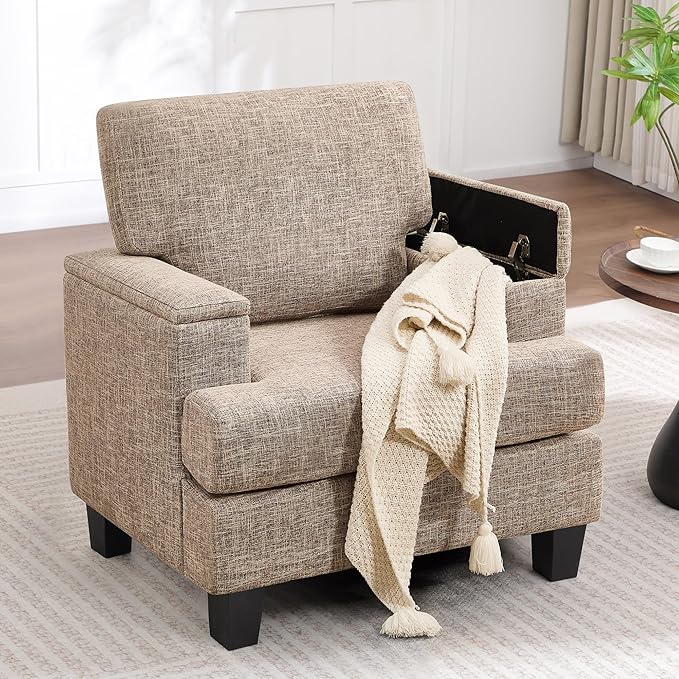 Accent Chairs Set of 2 with Armrest Storage Modern Upholstered Reading Living Room Chairs Comfy Large Armchairs Fabric Single Sofa Chair for Bedroom (Yellowish Brown)