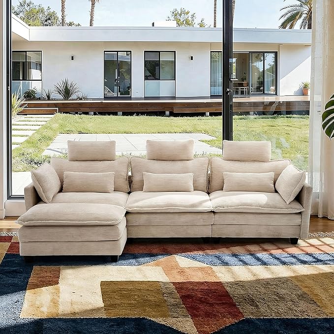 FUFU&ampGAGA 112” L Shaped Sectional Couch with Ottoman for Living Room Corduroy Cloud Sofa with Headrest &amp Pillows Modern Deep Seat Sofa Couch Assembly Required Beige 112.2”W x 50.8”D x 41.