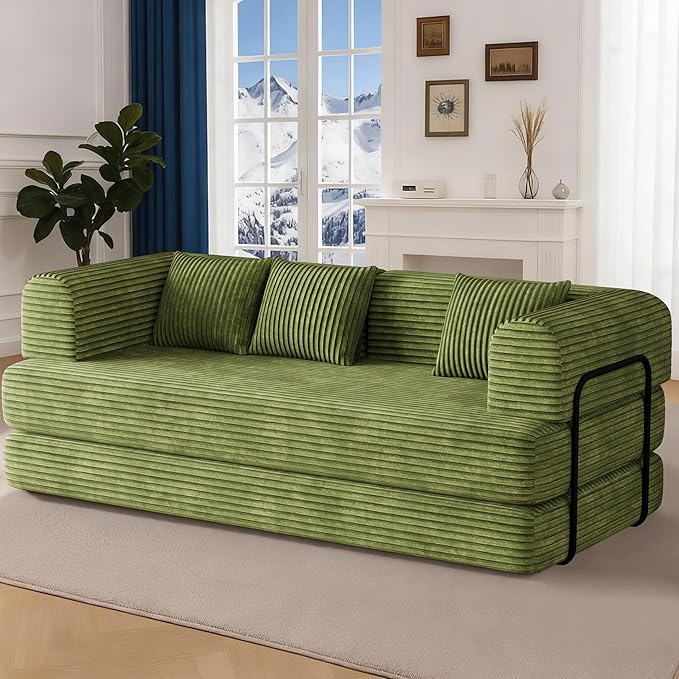 WENTMENT 80‘’Convertible Floor Sofa Bed for Living Room Boneless Couch with Deep Seat Corduroy Pull Out Sofa Bed with 3 Pillows Bedroom Apartment No AssemblyGreen (Green)