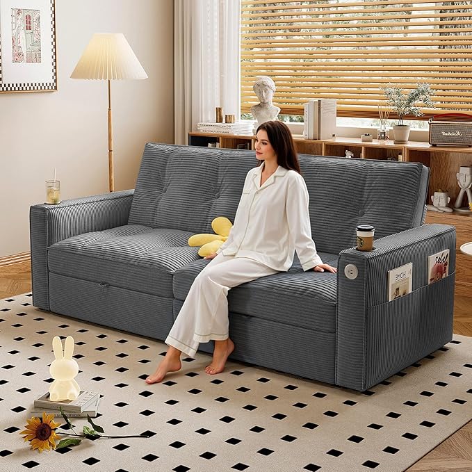 Queen Sofa BedConvertible Loveseat Sleeper SofasCouch with Pull Out BedPullout Couch Bed for Small SpaceQueen Sleeper Sofa Couches for Living RoomApartment &amp Guest Room Grey | USB Port Cup H