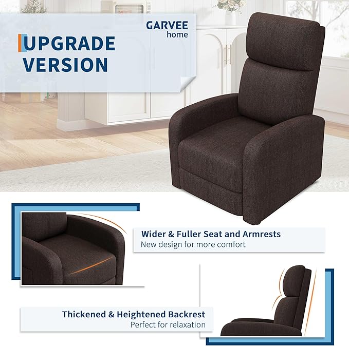 Garvee Recliner Chair for Adults PU Leather Lazy Recliner Ergonomic Adjustable Single Sofa Enhanced with Side Pocket Tall Back Wide Arms &amp Padded Seat Home Theater Seating for Living Room