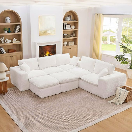 L-Shaped Boneless Modular Sectional Cloud Couches 7 Seat Modular Boucle Floor Foam Boneless Sofa Couch with Ottomans Headrest Pillows and Removable Cushions