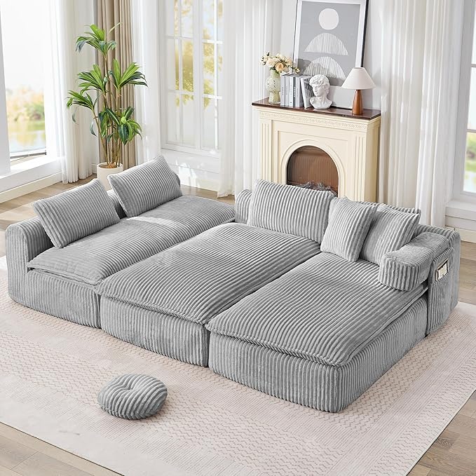 Oversized Cloud Boneless Couch 149 Modular Sectional Sofa with Deep Seat Chaise Fluffy U Shaped Couches for Living Room Comfy Plush Corduroy Sofa with Pillows No Assembly Light Grey