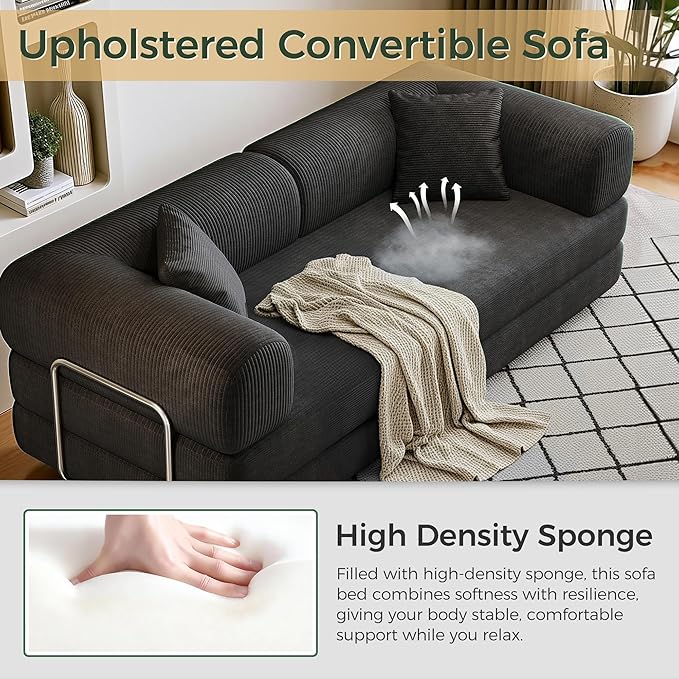 78.5'' Convertible Folding Sofa Bed – 4-in-1 Modular Floor Couch Corduroy Small Cloud Couch Compressed Foldable Sleeper Sofa King Size Futon for Bedroom Guest Room (Black-02)