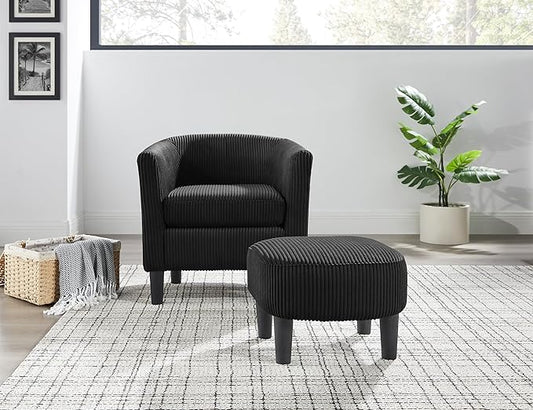 Modern Accent ChairUpholstered Arm Chair Linen Corduroy Single Sofa Chair with Ottoman Foot Rest Comfy Armchair for Living Room Bedroom and OfficeBlack