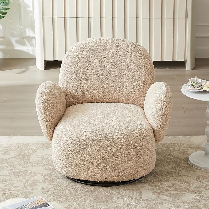 GDFStudio Modern Accent Swivel ChairUpholstered Lounge Chair with 360° Rotation Compact Design Eucalyptus and Steel Frame Fiber Foam Cushion Arm &amp Back KD Assembly for Living RoomBeige