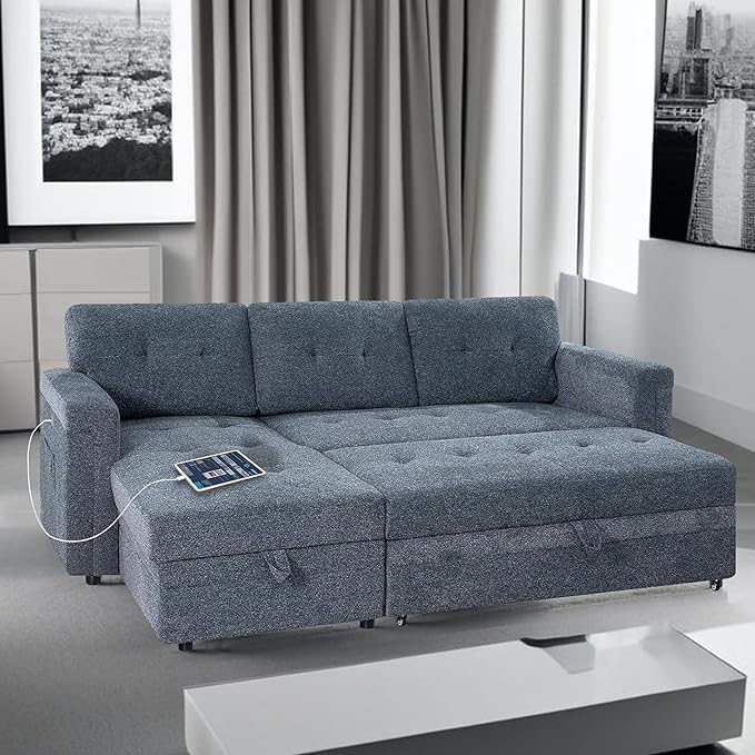 Naomi Home L-Shaped Sectional Sleeper Sofa with USB Ports - Convertible Pull-Out Bed Ample Storage Timeless Design Durable Construction Gray/Microfiber
