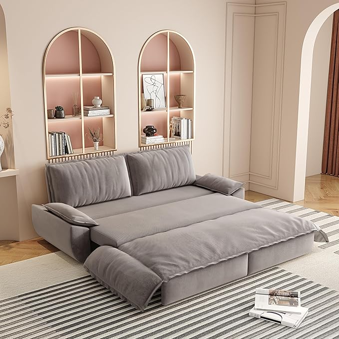 3 in 1 Convertible Queen Sleeper Sofa Bed Comfy Pull Out Futon Couch Bed 73.2 Modern Velvet Recliner Loveseat Sofa Multi-Functional Grey Cloud Couch for Living RoomApartmentOffice (Grey 73.2)