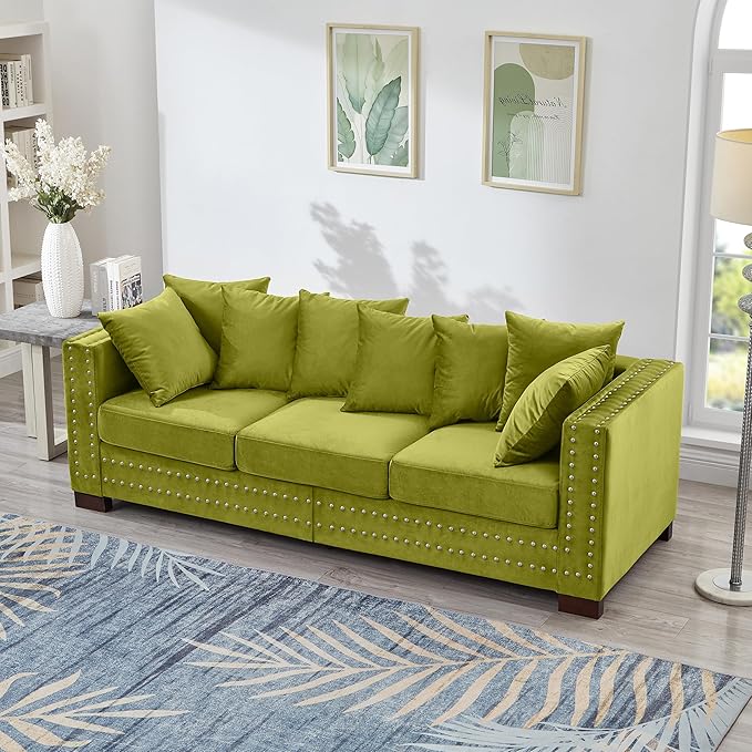 84.5 Wide 3-Seater Velvet Sofa with Storage Mid Century Modern Chesterfield Couch Upholstered Love Seat with Deep Seat &amp Retro Trim Green Velvet Couch for Living Room Office Apartment (Green)