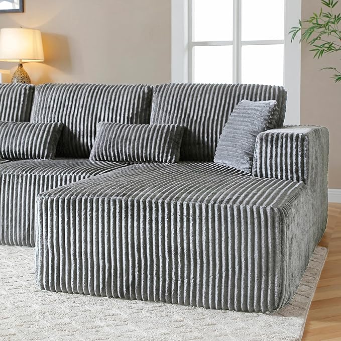 HYJT-H&ampK Modular Sectional Sofa Cloud Sectional Couch 107 Comfy Fluffy L Shaped Dark Grey Couches for Living Room Deep Seat Memory Foam Plush Corduroy Boneless Couch Sectionals Right Facing Cha