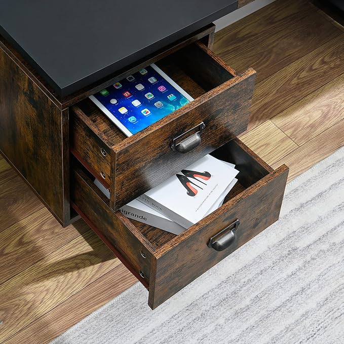 Large Office Desk Computer Table with 4 Drawers for Home Office 59 Study Writing Desk Workstation with Storage and Metal U Legs for Living Room Black and Rustic Brown Top CTSZ20401CM