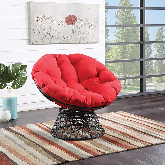 OSP Home Furnishings Wicker Papasan Chair with 360-Degree Swivel Grey Frame with Red Cushion