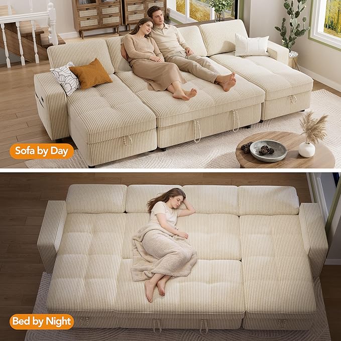 Vipbear Sectional Sleeper Couch with Pull Out Sofa Bed U Shaped Plush Corduroy Couch with Reclining Backrest &amp 2 Storages &amp USB Charging Convertible Cloud Sectional Sofa Bed for Living Room