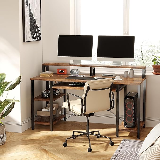 VERMESS 48Inch Computer Desk Home Office Desks with Keyboard Tray Gaming Desk with CPU Stand ShelfIndustrial Study Table Wide Writing Desk with Storage Shelves for 2 Monitors Rustic Brown