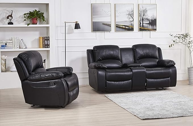 Betsy Furniture 2PC Faux Leather Reclining Couch Set Living Room Furniture Set Loveseat Glider 8018 Multiple Colors (Black Loveseat+Chair)