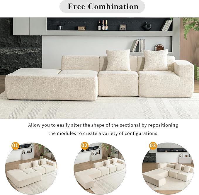 Merax 116.5 Minimalist Cloud Sectional Couch with L-Shape Chaise Cream Modern Modular Sofa with Deep Seat White Convertible 4 Seat Sleeper Couches Set for Living Room No Assembly Required Beige