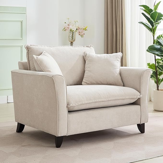 Oversized Accent Chair Chenille Fabric Armchair with Pillow Comfy Single Sofa with 46.3 Wide Seat Cushion Rubberwood Legs Elegant Ruffled Armrests Lounge Chair for Living Room Office (Cream/45)