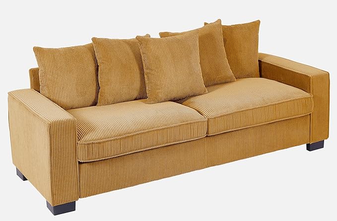 Luxe Corduroy Sofa with 5 Matching Toss Pillows Sleek Design Spacious and Comfortable 3 Seater Couch for Modern Living Room 88 Wide Ginger