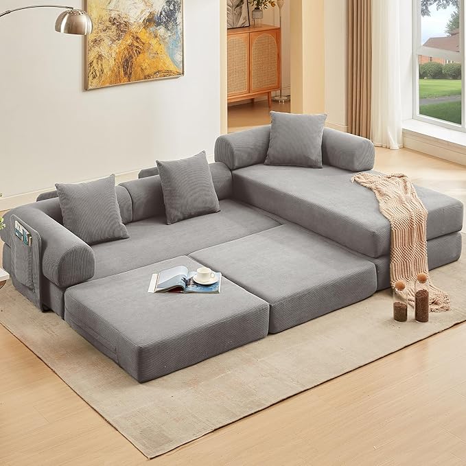 L Shaped Modular Sofa Bed with Cylindrical Pillow &amp Reversible Chaise Corduroy Folding Convertible Floor Sofa Couch Bed with Fixed-Shape Frame &amp Storage Pocket for Living Room Grey