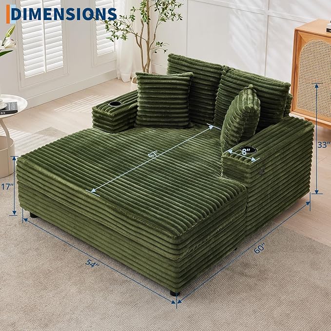 IDEALHOUSE 60 Oversized Chaise Lounge Chair Indoor Comfy Corduroy Lounge Sofa with Charging Station Upholstered Sofa Bed for Living Room Movie Room with Storage Pockets &amp 2 Cup Holders (Green)