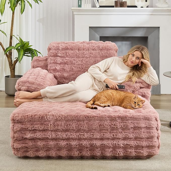 Oversized Lounge Chair Plush Faux Fur Comfy Reading Chair Boneless Chaise Sofa Recliner Bed Sleeper Couch with Wide Pillow Armrest for Living Room Bedroom (Pink)