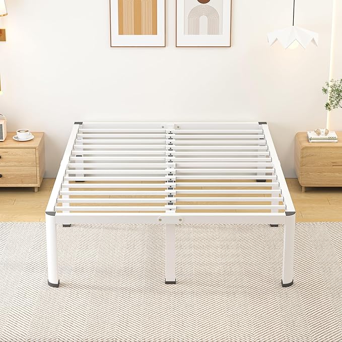 14 Inch Queen Bed Frame Metal Platform Bed Frame with Round Corner Legs 3500 lbs Heavy Duty Steel Slats Support No Box Spring Needed Noise Free Easy Assembly White