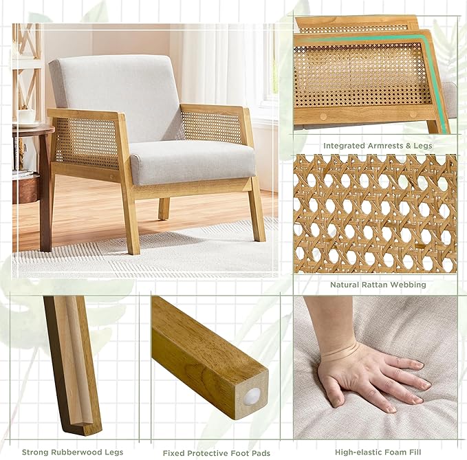 Topeakmart Accent Chair Armchair with Rattan Sides Modern Barrel Chairs for Living Room Bedroom Beige 1
