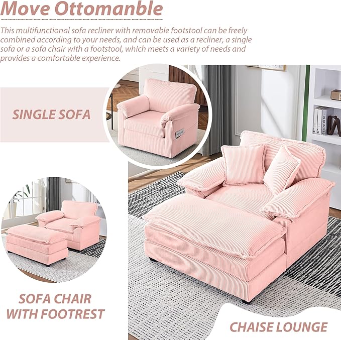 TTK Oversized Chaise Lounge Chair with Ottoman - 39.17 Wide Modern Sleeper Sofa for Living Room Bedroom &amp Office - Deep Seat Sectional Couch with Pillow Comfortable Reading ChairWhite