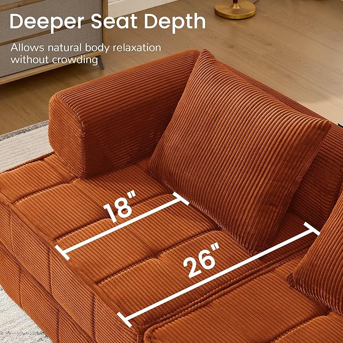 6-in-1 Convertible Sleeper Sofa Bed Corduroy Folding Mattress Couch with Fixed-Shape Frame Modular Foldable Boneless Couch Loveseat Couches with 2 Pillows for Living Room Bedroom Orange