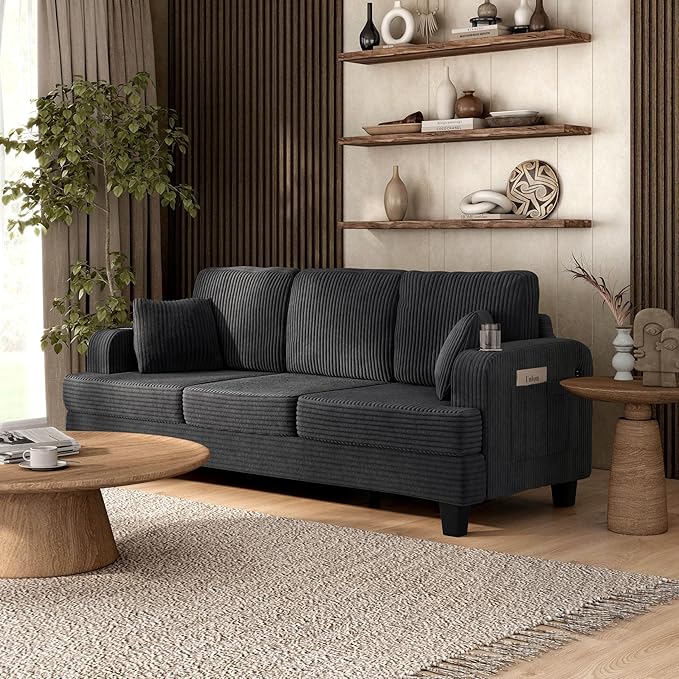 Homes: Inside + Out Reese Modern Plush Chenille Couch with Side Pockets Cup Holders and USB Ports Wooden Comfortable Sofa for Living Room Bedroom and Office Dark Grey