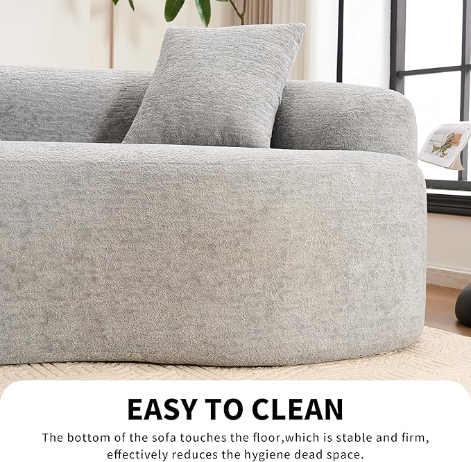 110 Sectional Sofa Round Curved Couch Modern 4 Seat Sofa with Wood Grain Chenille Fabric Comfy Deep Seat Sponge Couch with 4 Pillows for Living Room Grey