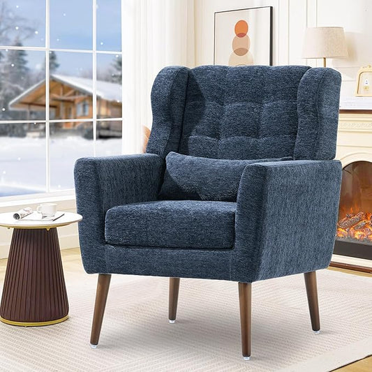 cinkehome Accent Arm Chairs for Living Room Chenille Upholstered Mordern Armchair Comfy Soft Padded Lounge Chair in Small Spaces Bedroom Pillow Solid Wood Leg Blue