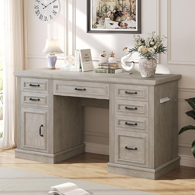 Farmhouse 57 Lift Up Executive Desk with 5 Drawers and Charging Station Wood Home Office Computer Desk with File Cabinet Storage Keyboard TrayHeadphone Hook for WorkStudy (Grey)