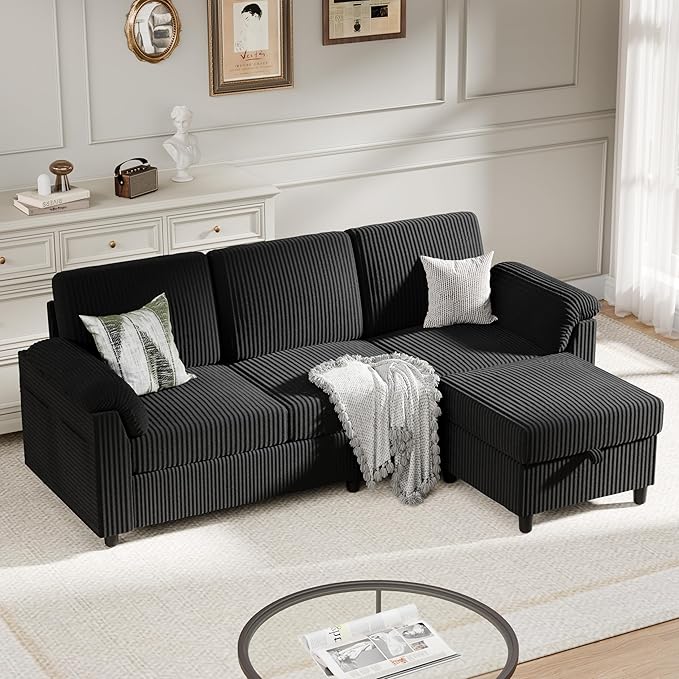 Meilocar Sectional Sofa Couch for Living Room 79 Sectional Couches with Ottoman L Shaped Couch with Armrests Side Storage Pockage 3-Seat Sofa Couches for Apartment Black