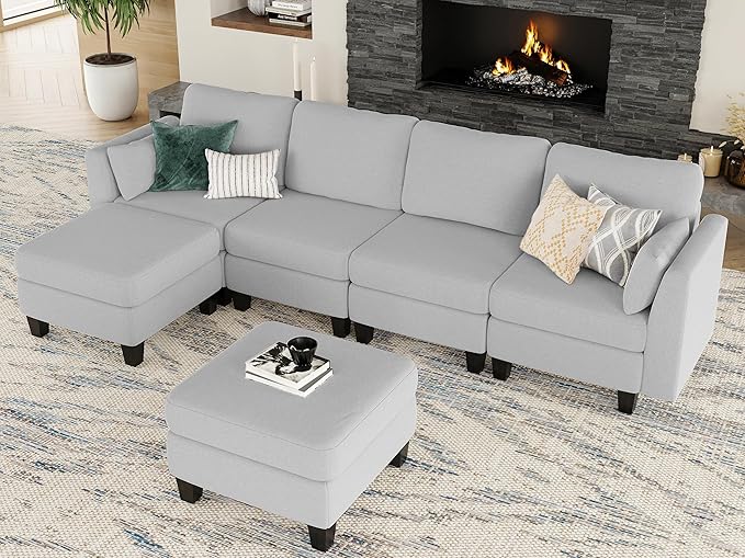 Modular Sectional Sofa 6 Seaters Modular Sleeper Sofa Couch Comfy Sectionals Couches Bed Convertible Sofas with Ottomans Sectional Couches for Living Room Light Grey