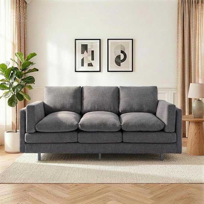 Christopher Knight Home Vincenzo 79.5 Sectional Sofa 3 Seater Couch Chenille Upholstered Sofa Chair Metal Legs Couch Dual-Layer Cushions Armchair Comfort Seating for Reading Living Room Gray