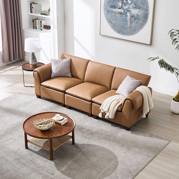 97 Inches Cloud Modular Sectional Sofa 3 Seater Faux Leather Couch Modern Convertible Comfortable Sofa Couch for Living Room/Apartment PU Brown