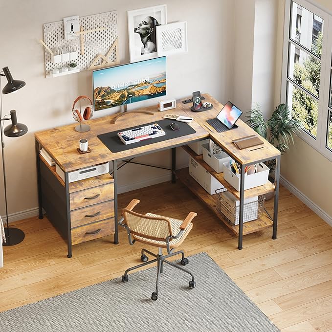 MUTUN L Shaped Computer Desk with 3 Drawers &amp Power Outlets 47 Inch Corner Desk with Reversible Storage Shelves PC Table for Home Office Bedroom (Rustic Brown 47 Inch)