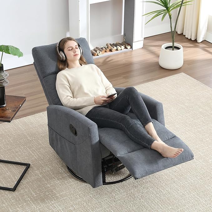 PELUMY Manual Recliner Chair 360° Swivel Glider and Rocker Recliner with 155° Recline Compact Fabric Recliner for Small Space Nursery Living Room Bedroom No Tools Assembly (Grey)