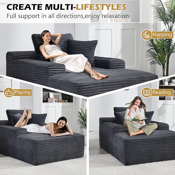 66 Oversized Chaise Lounge Chair Indoor Corduroy Upholstered Sofa Bed with Pocket Springs&ampHigh-Density Foam Deep Seat Sleeper Couch with 3 Pillows No Assembly for Living Room (Dark Grey)