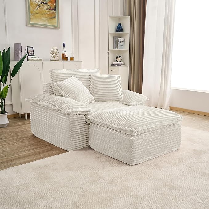 Boneless Sofa with Removable OttomanUpholstered Sofa Bed with PillowsPlush Faux Fur Lounge Reading Chairs with ArmrestsCloud Couches for Living RoomNo Assembly Required (White Single seat) | No A