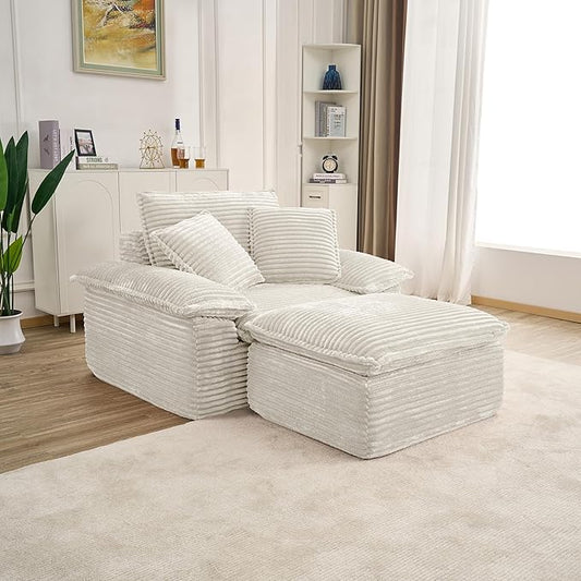 Boneless Sofa with Removable OttomanUpholstered Sofa Bed with PillowsPlush Faux Fur Lounge Reading Chairs with ArmrestsCloud Couches for Living RoomNo Assembly Required (White Single seat) | No A