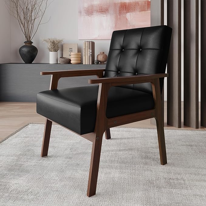 Accent Chair with Button-Tufted Polyurethane Upholstery Wooden Armrests Cushioned Seat Easy Assembly Black