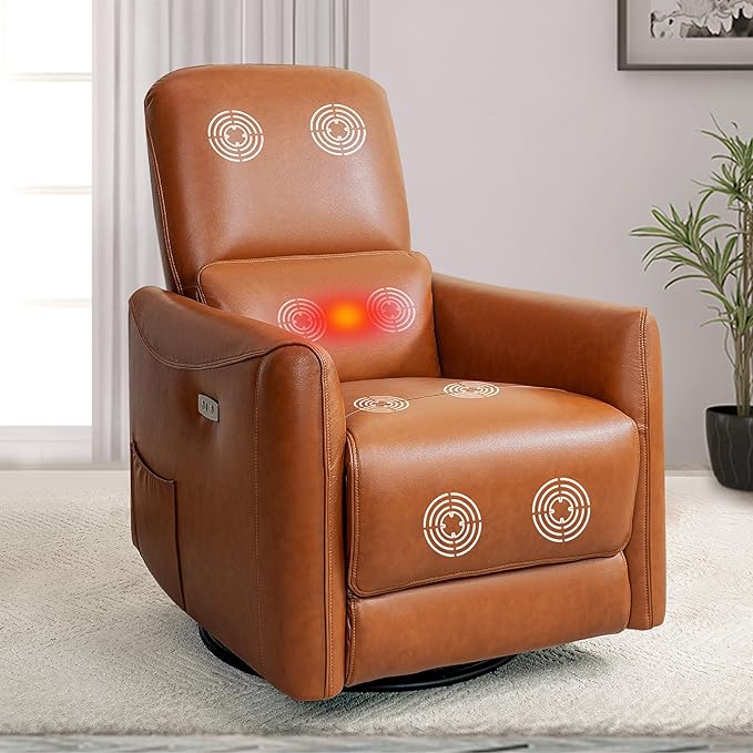 Naomi Home Willa Luxury Swivel Recliner Chair – Faux Leather Reclining Sofa for Living Room &amp Nursery with Lumbar Support Vibration Massage &amp Heating Function Caramel