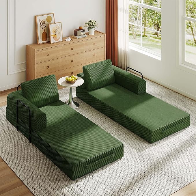 Convertible Sleeper Sofa Bed 3-Seat Corduroy Futon Couch with Cylindrical Pillow Foldable Mattress for Living Room &amp Bedroom 79 Inch Multi-Functional Sofa (Jade)