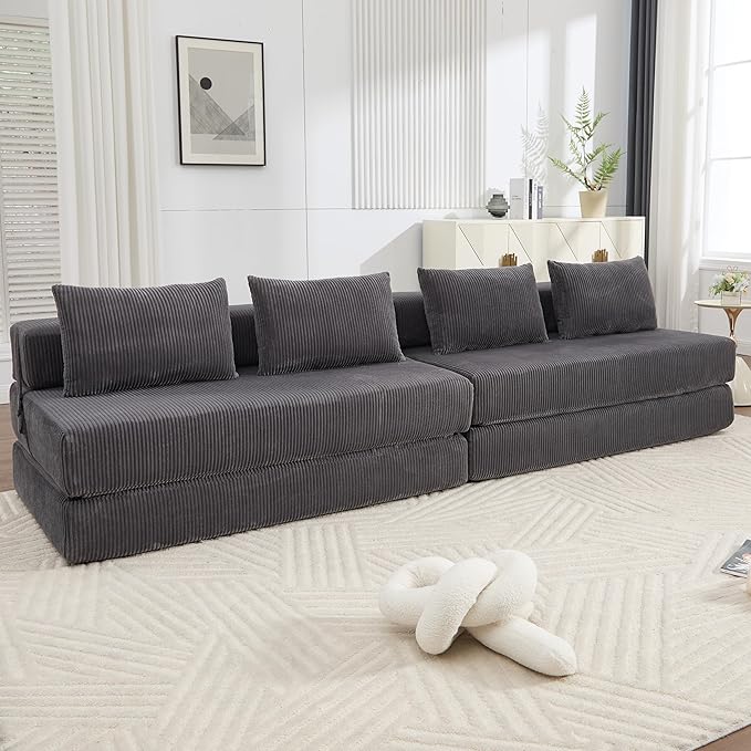 GNIXUU Fold Out Couch 3-in-1 Convertible Futon Sofa Bed with 2 Pillows Corduroy Foldable Floor Chair Boneless Loveseat Couches for Living Room Bedroom Small Spaces Gray