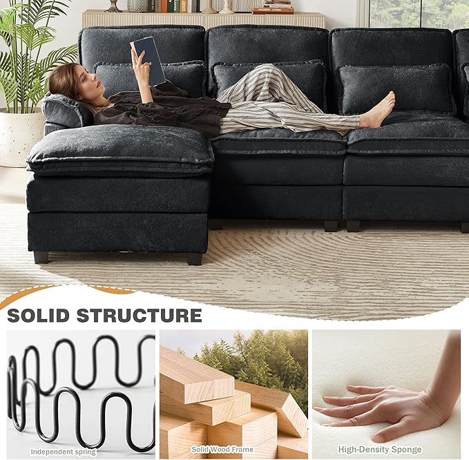 112 Modular Sectional Sofa U Shaped Comfy Cloud Couch with Double Chaise and Padded Armrests Modern Deep Seat Sectional Couches for Living Room Apartment Office Black