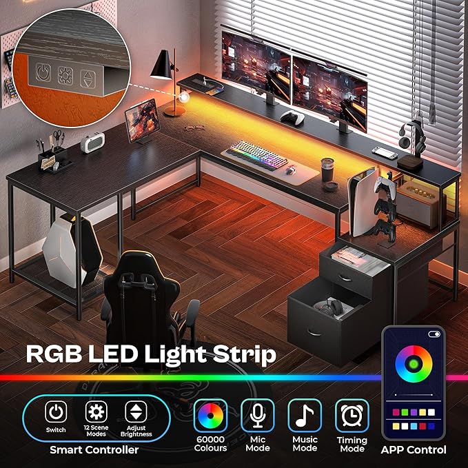 PRAISUN 66 L Shaped Gaming Desk with LED Lights &amp Power Outlets Computer Desk with Fabric Drawers and Print Stand Corner Office Desk Monitor Stand Mesh CPU Stand Black