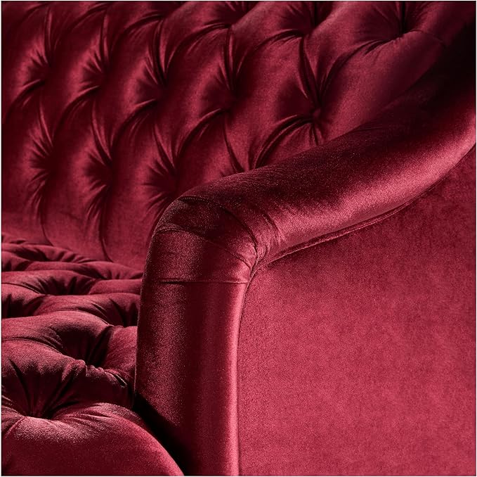 Christopher Knight Home Minxi Velvet Sofa Couch Home Sofa Living Room with Birch Wood Legs Comfort Modern 3 Seater Couch with Button Tufted Diamond Stitch Luxury Chaise Lounge Chair Wine Red